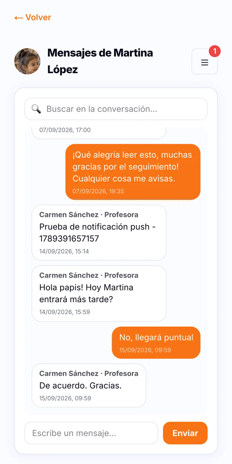 Chat directo entre familia y educadora en Soleado
